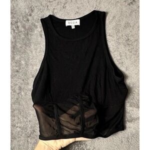 ACOA Lace Trim Black Tank Top Print Adjustable Straps Small S
